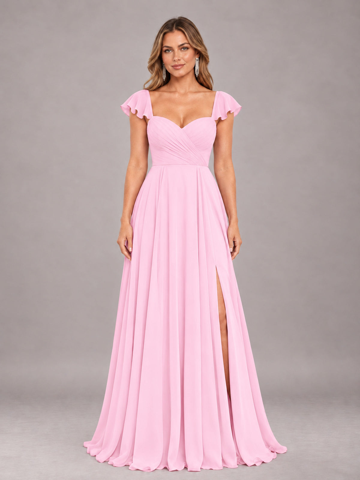 Candy Pink Classy Sweetheart Pleated Chiffon Bridesmaid Dress With Pockets