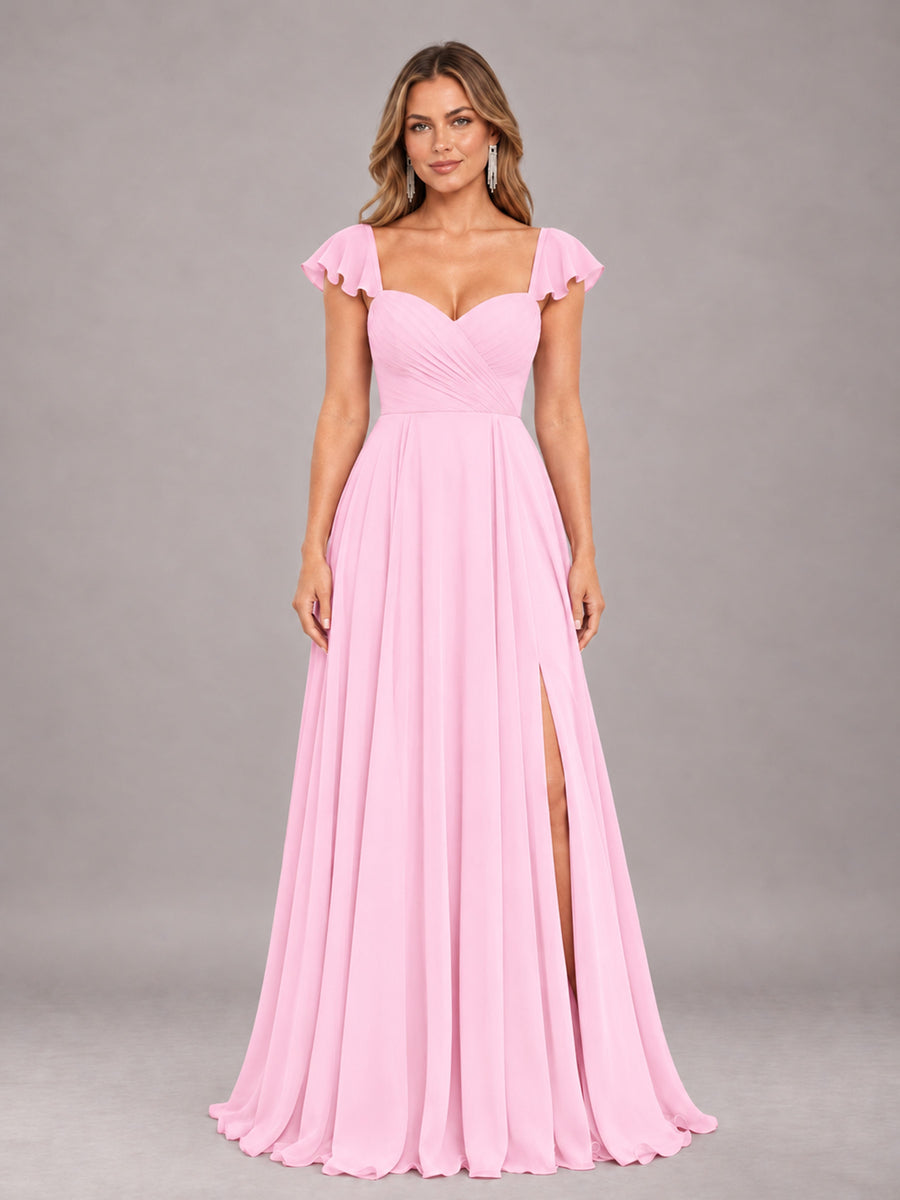 Candy Pink Classy Sweetheart Pleated Chiffon Bridesmaid Dress With Pockets