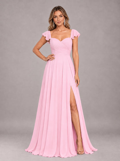 Candy Pink Classy Sweetheart Pleated Chiffon Bridesmaid Dress With Pockets