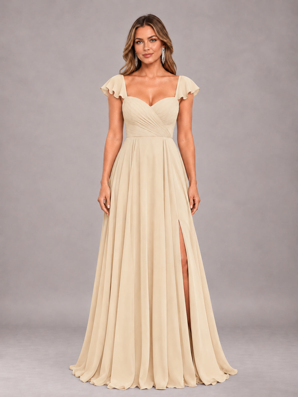 Champagne Classy Sweetheart Pleated Chiffon Bridesmaid Dress With Pockets