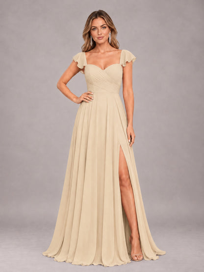 Champagne Classy Sweetheart Pleated Chiffon Bridesmaid Dress With Pockets