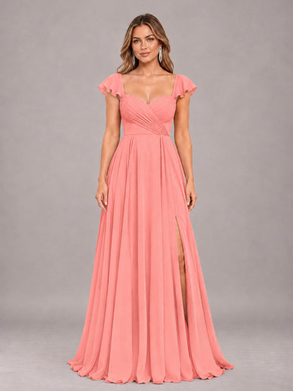 Coral Classy Sweetheart Pleated Chiffon Bridesmaid Dress With Pockets