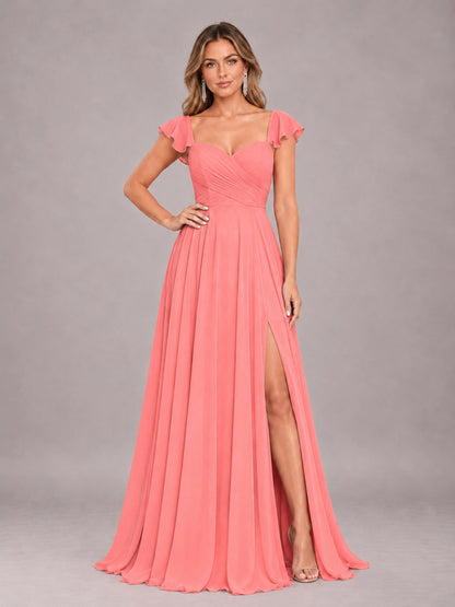 Coral Classy Sweetheart Pleated Chiffon Bridesmaid Dress With Pockets