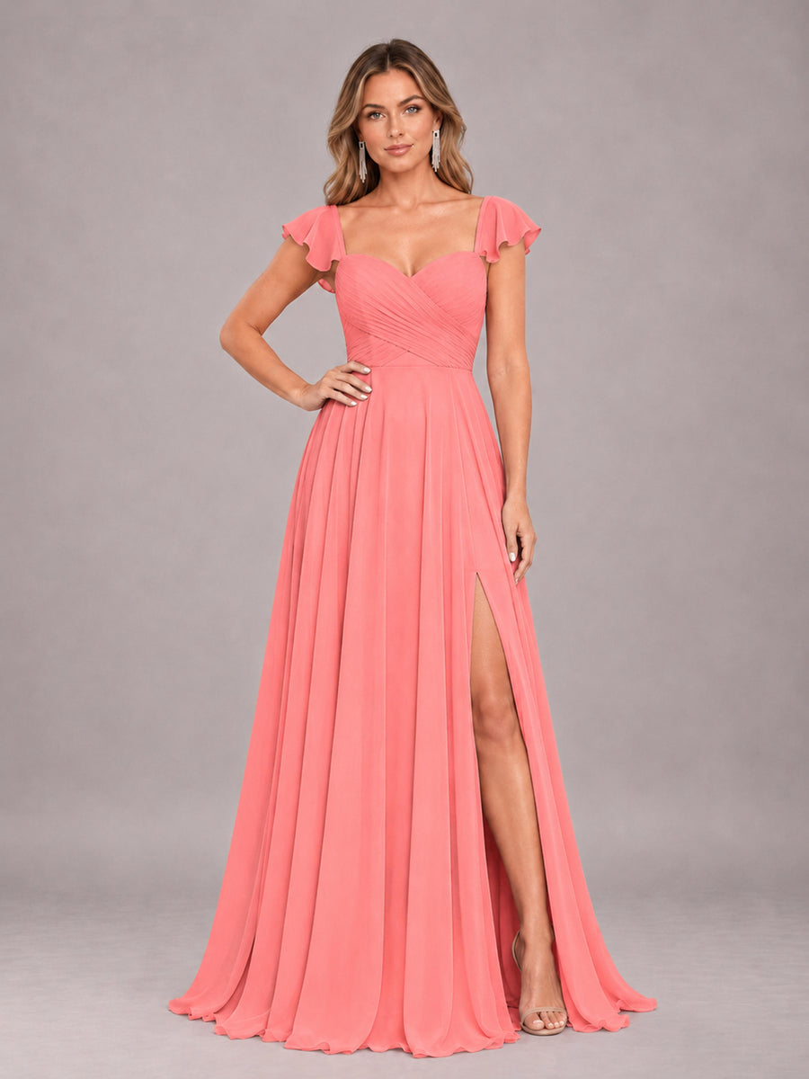 Coral Classy Sweetheart Pleated Chiffon Bridesmaid Dress With Pockets