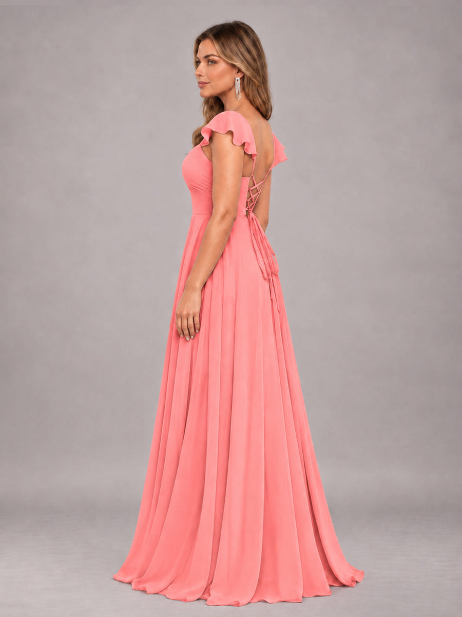 Coral Classy Sweetheart Pleated Chiffon Bridesmaid Dress With Pockets