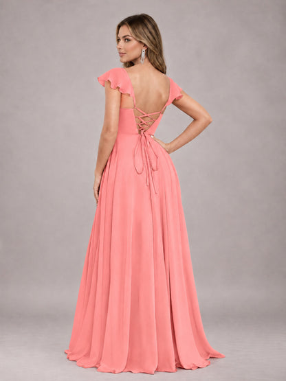 Coral Classy Sweetheart Pleated Chiffon Bridesmaid Dress With Pockets
