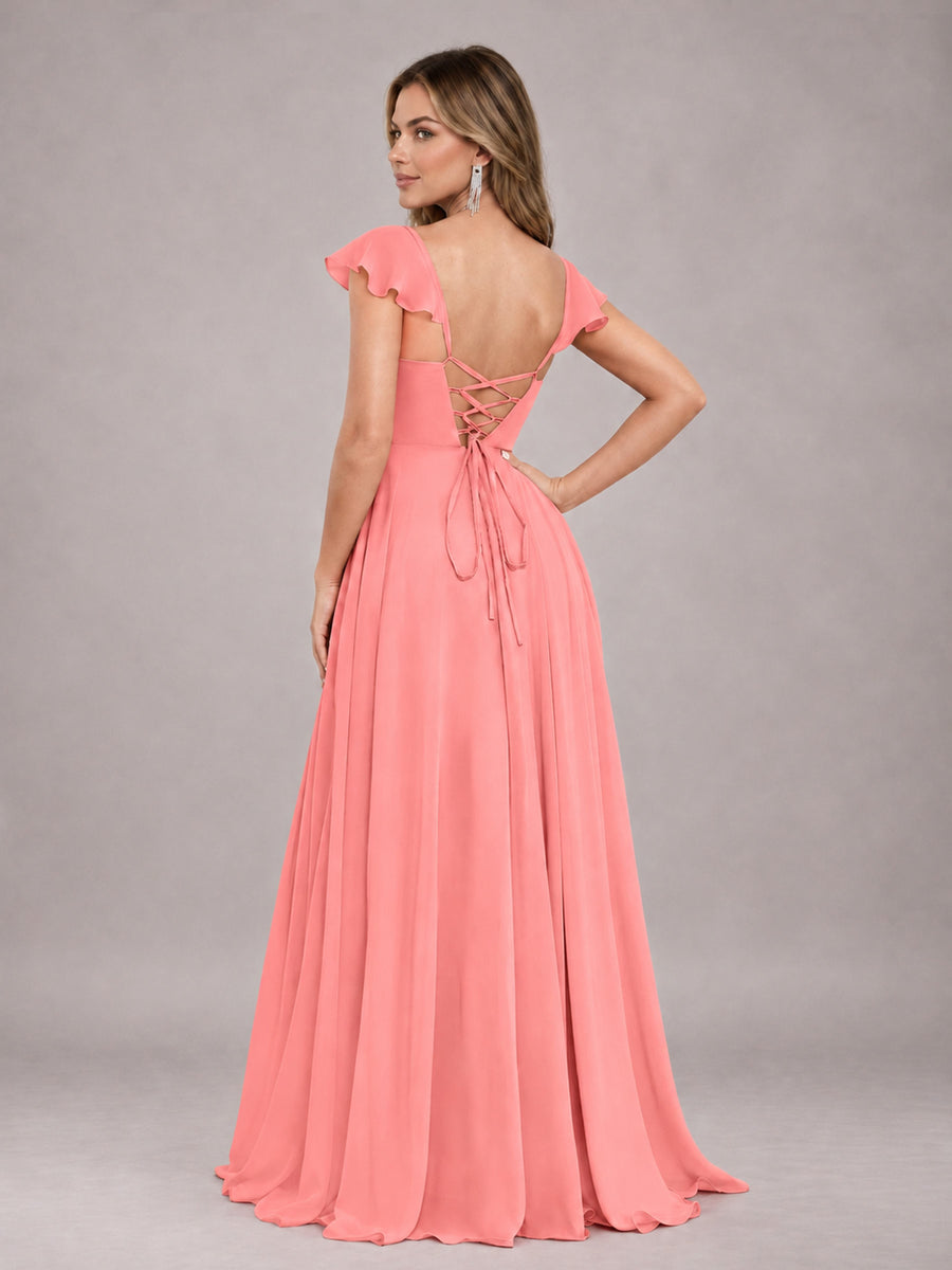 Coral Classy Sweetheart Pleated Chiffon Bridesmaid Dress With Pockets