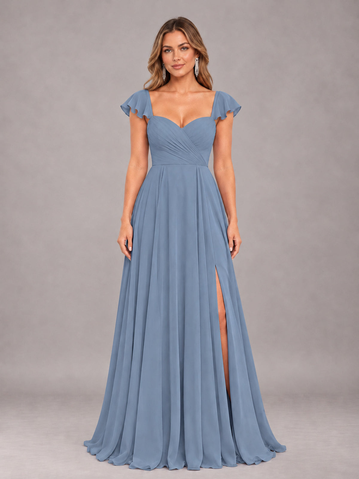 Dusty Blue Classy Sweetheart Pleated Chiffon Bridesmaid Dress With Pockets