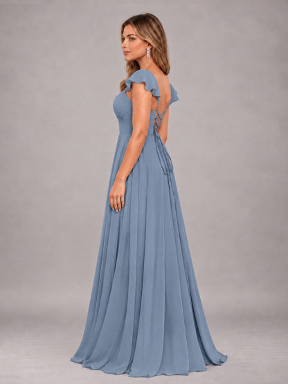 Dusty Blue Classy Sweetheart Pleated Chiffon Bridesmaid Dress With Pockets