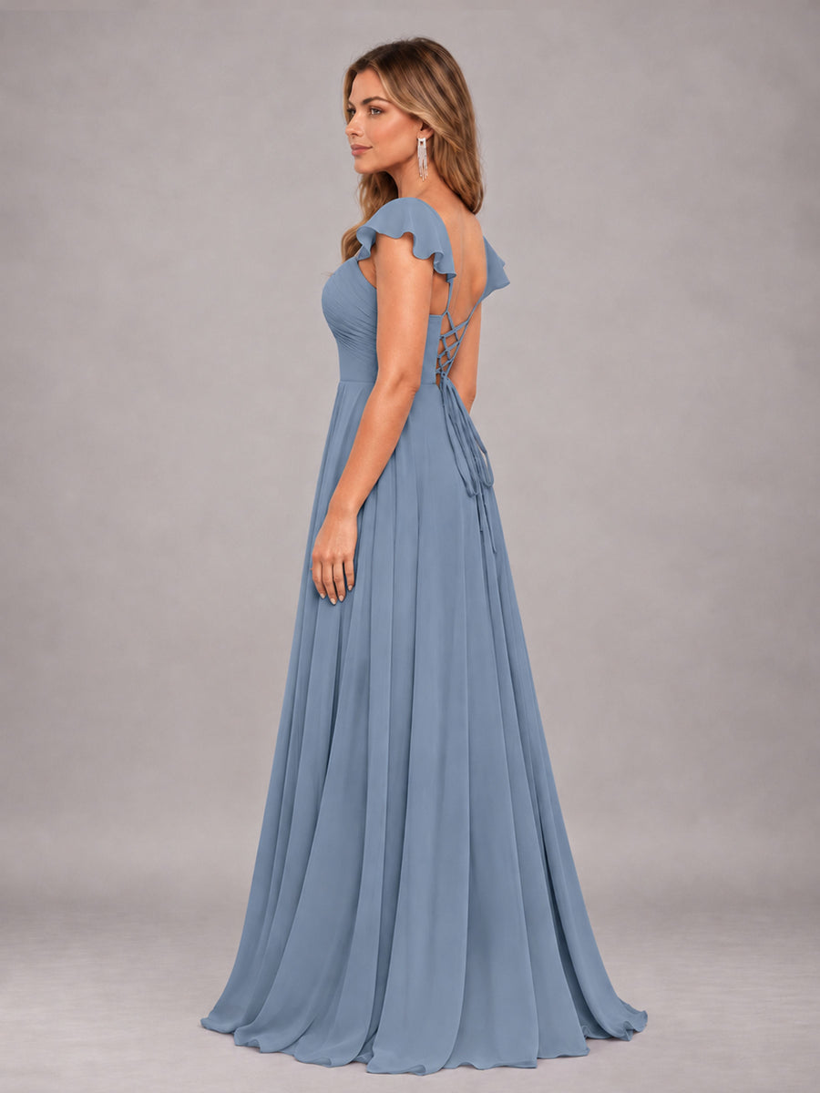 Dusty Blue Classy Sweetheart Pleated Chiffon Bridesmaid Dress With Pockets