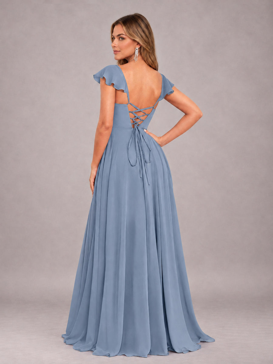 Dusty Blue Classy Sweetheart Pleated Chiffon Bridesmaid Dress With Pockets
