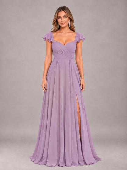 Dusty Purple Classy Sweetheart Pleated Chiffon Bridesmaid Dress With Pockets
