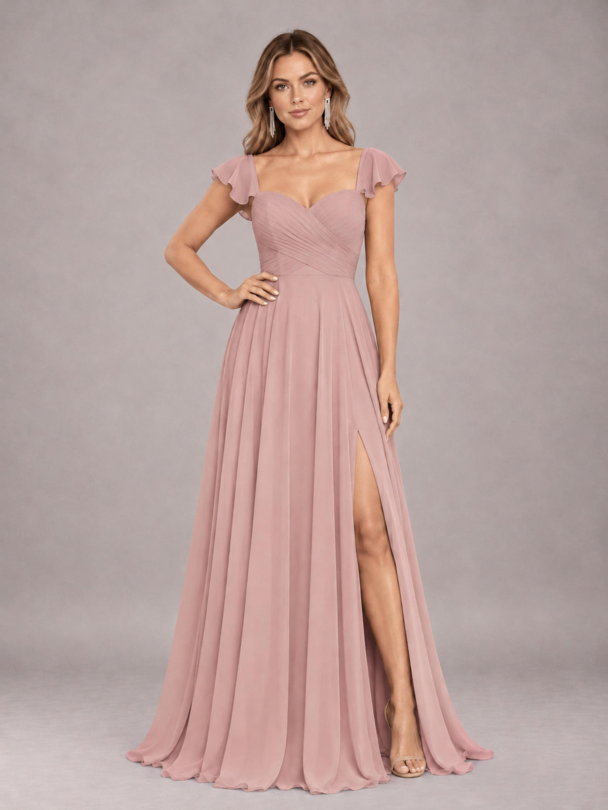 Dusty Rose Classy Sweetheart Pleated Chiffon Bridesmaid Dress With Pockets
