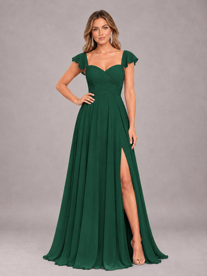 Emerald Green Classy Sweetheart Pleated Chiffon Bridesmaid Dress With Pockets
