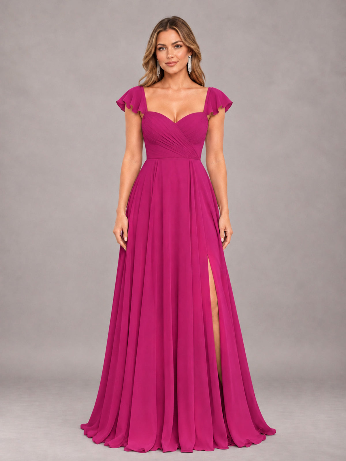 Fuchsia Classy Sweetheart Pleated Chiffon Bridesmaid Dress With Pockets