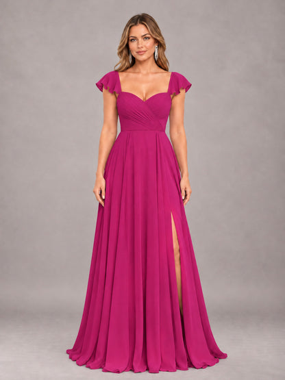 Fuchsia Classy Sweetheart Pleated Chiffon Bridesmaid Dress With Pockets