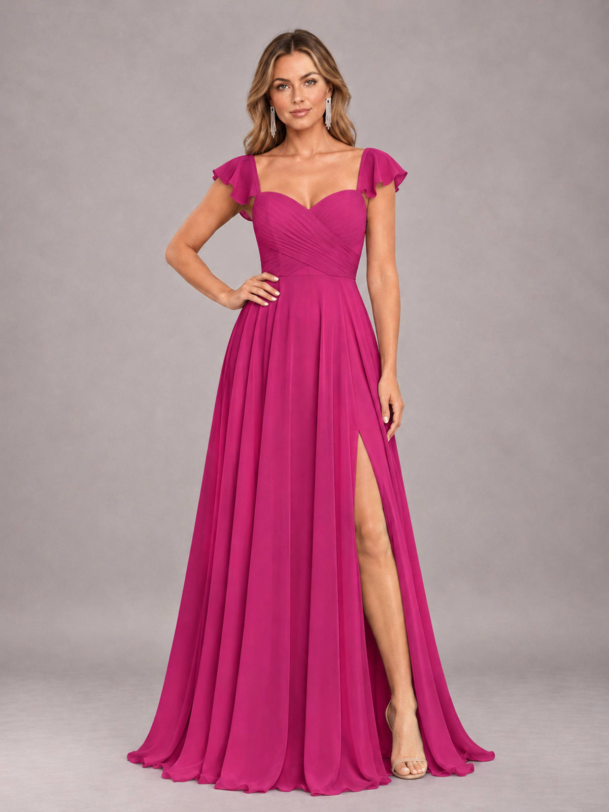 Fuchsia Classy Sweetheart Pleated Chiffon Bridesmaid Dress With Pockets