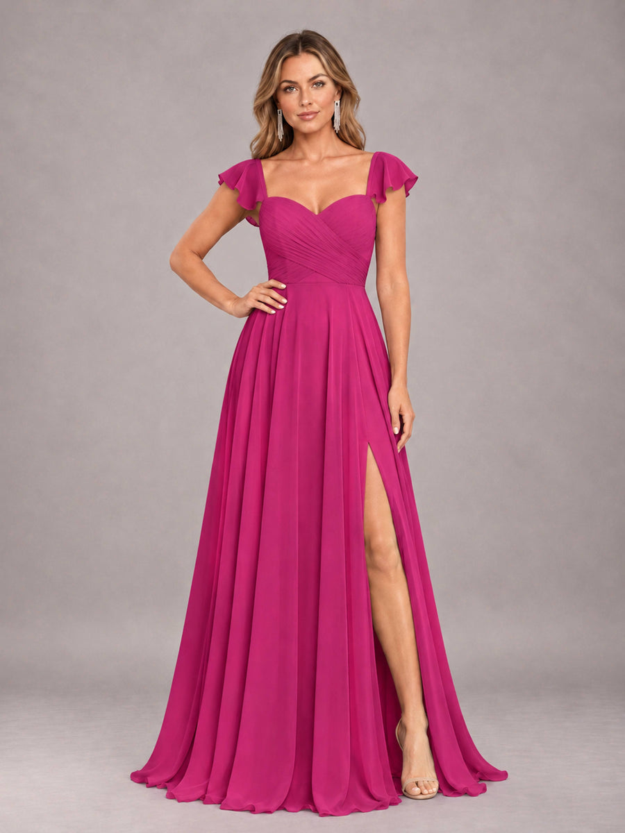 Fuchsia Classy Sweetheart Pleated Chiffon Bridesmaid Dress With Pockets