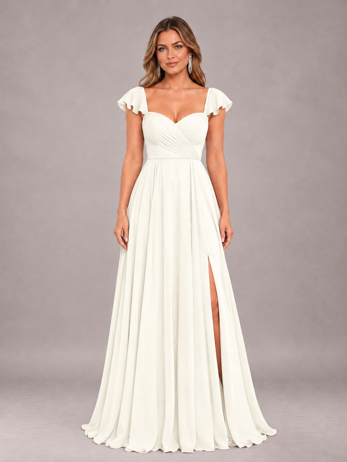 Ivory Classy Sweetheart Pleated Chiffon Bridesmaid Dress With Pockets