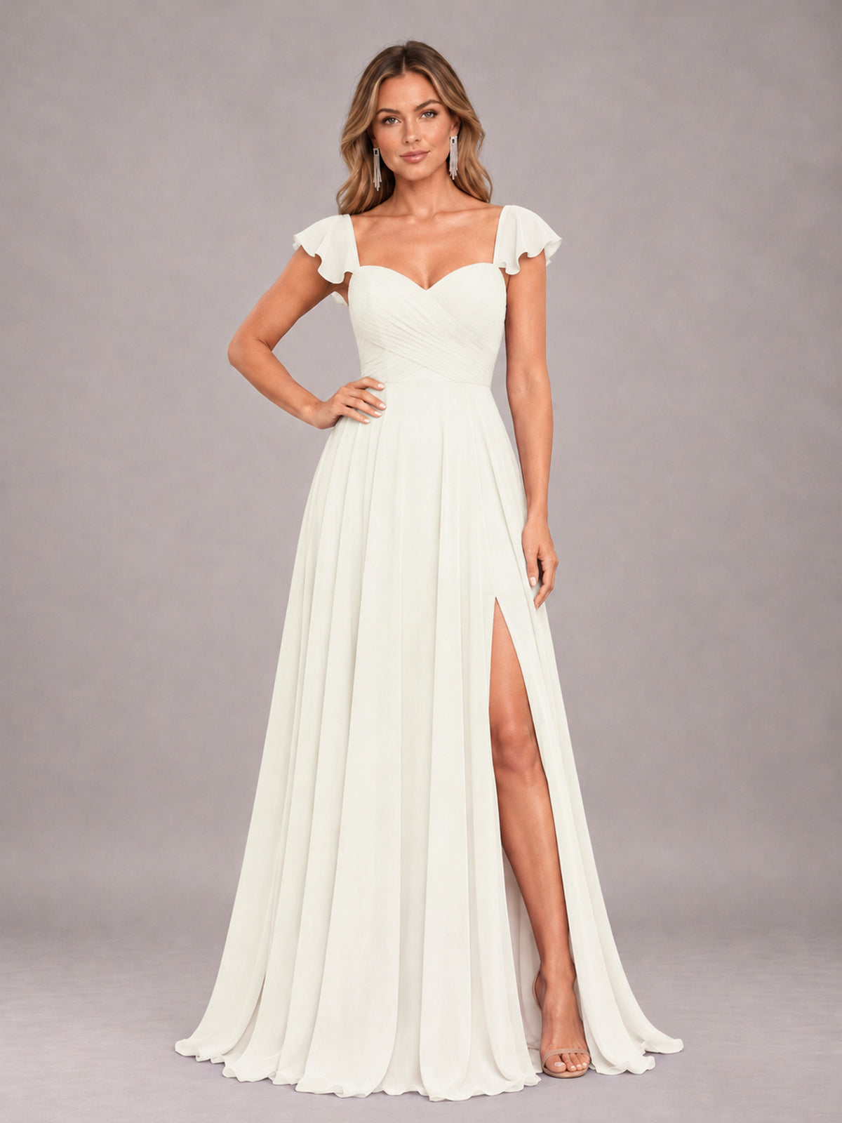 Ivory Classy Sweetheart Pleated Chiffon Bridesmaid Dress With Pockets