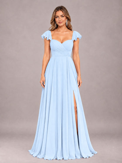 Light Blue Classy Sweetheart Pleated Chiffon Bridesmaid Dress With Pockets