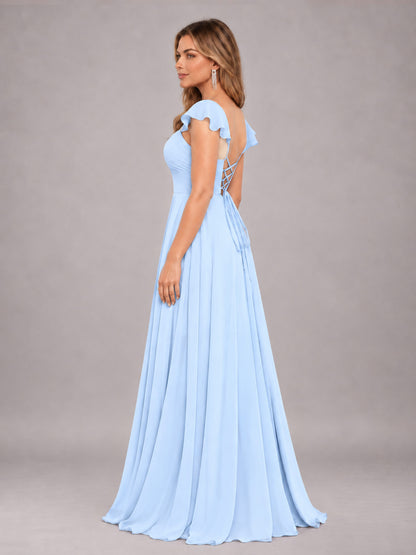 Light Blue Classy Sweetheart Pleated Chiffon Bridesmaid Dress With Pockets