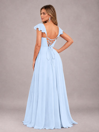 Light Blue Classy Sweetheart Pleated Chiffon Bridesmaid Dress With Pockets