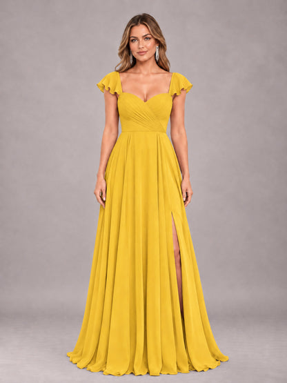 Mustard Yellow Classy Sweetheart Pleated Chiffon Bridesmaid Dress With Pockets