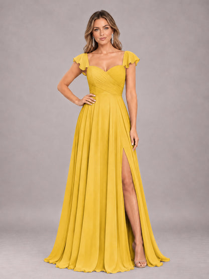 Mustard Yellow Classy Sweetheart Pleated Chiffon Bridesmaid Dress With Pockets