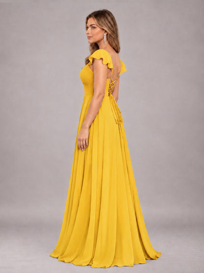 Mustard Yellow Classy Sweetheart Pleated Chiffon Bridesmaid Dress With Pockets