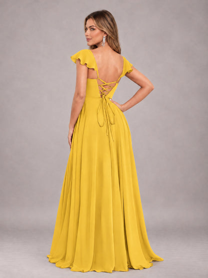 Mustard Yellow Classy Sweetheart Pleated Chiffon Bridesmaid Dress With Pockets