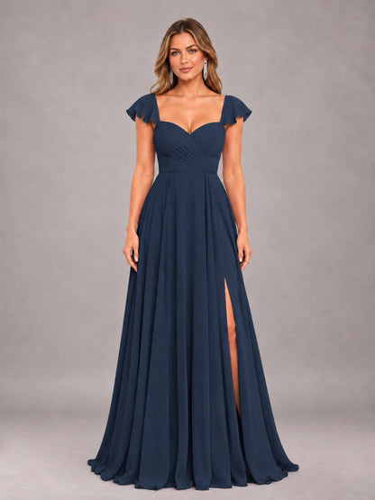 Navy Blue Classy Sweetheart Pleated Chiffon Bridesmaid Dress With Pockets