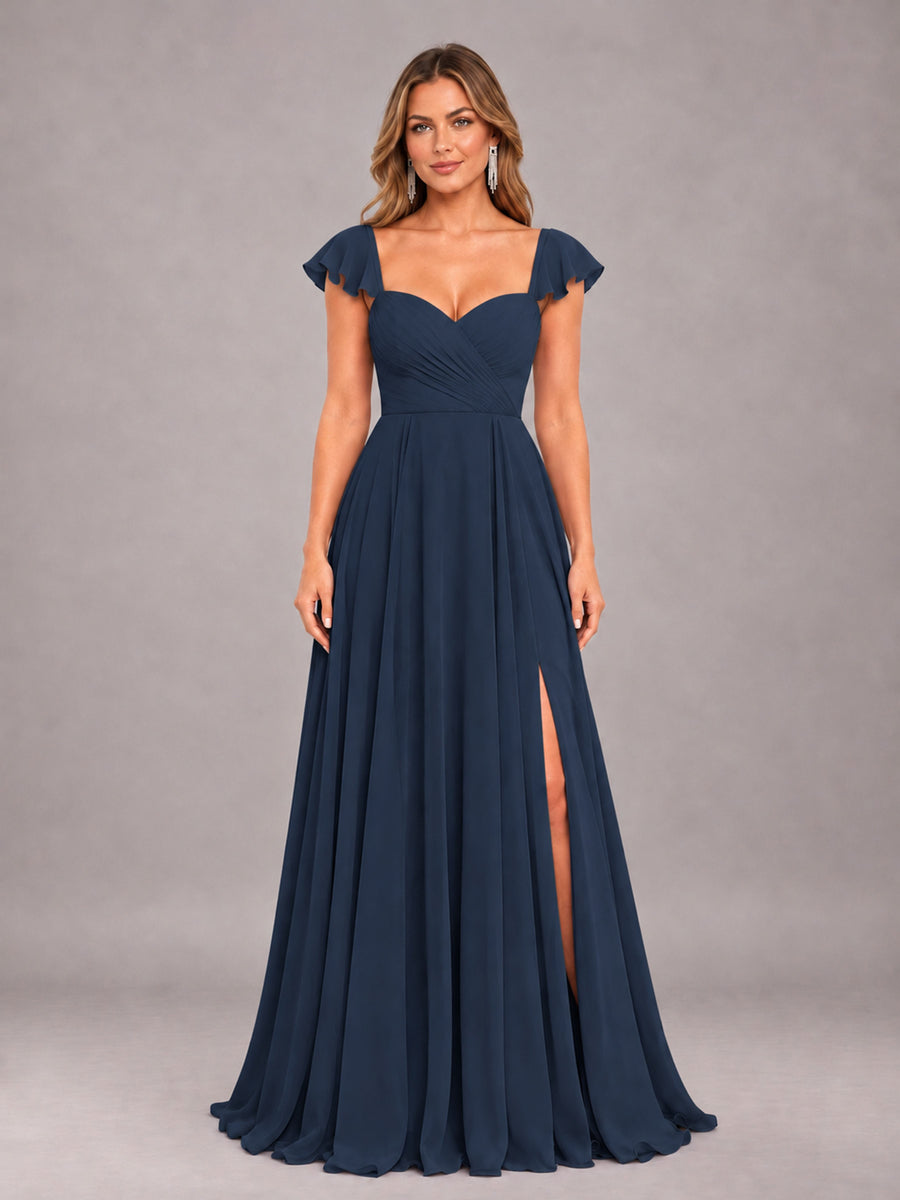 Navy Blue Classy Sweetheart Pleated Chiffon Bridesmaid Dress With Pockets