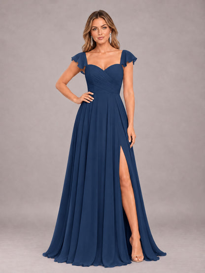 Navy Blue Classy Sweetheart Pleated Chiffon Bridesmaid Dress With Pockets