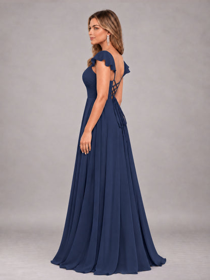 Navy Blue Classy Sweetheart Pleated Chiffon Bridesmaid Dress With Pockets