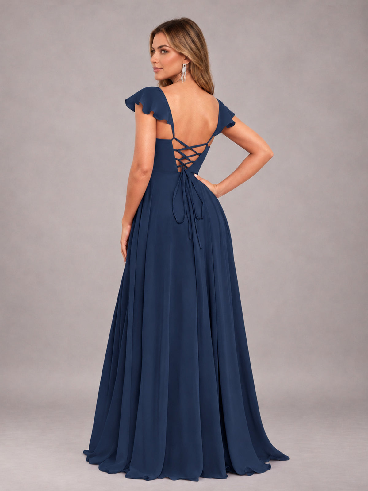 Navy Blue Classy Sweetheart Pleated Chiffon Bridesmaid Dress With Pockets