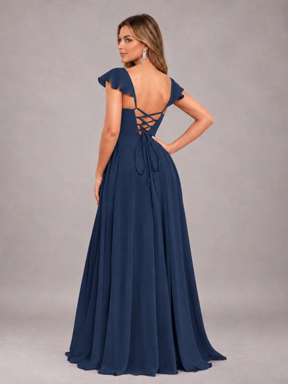 Navy Blue Classy Sweetheart Pleated Chiffon Bridesmaid Dress With Pockets