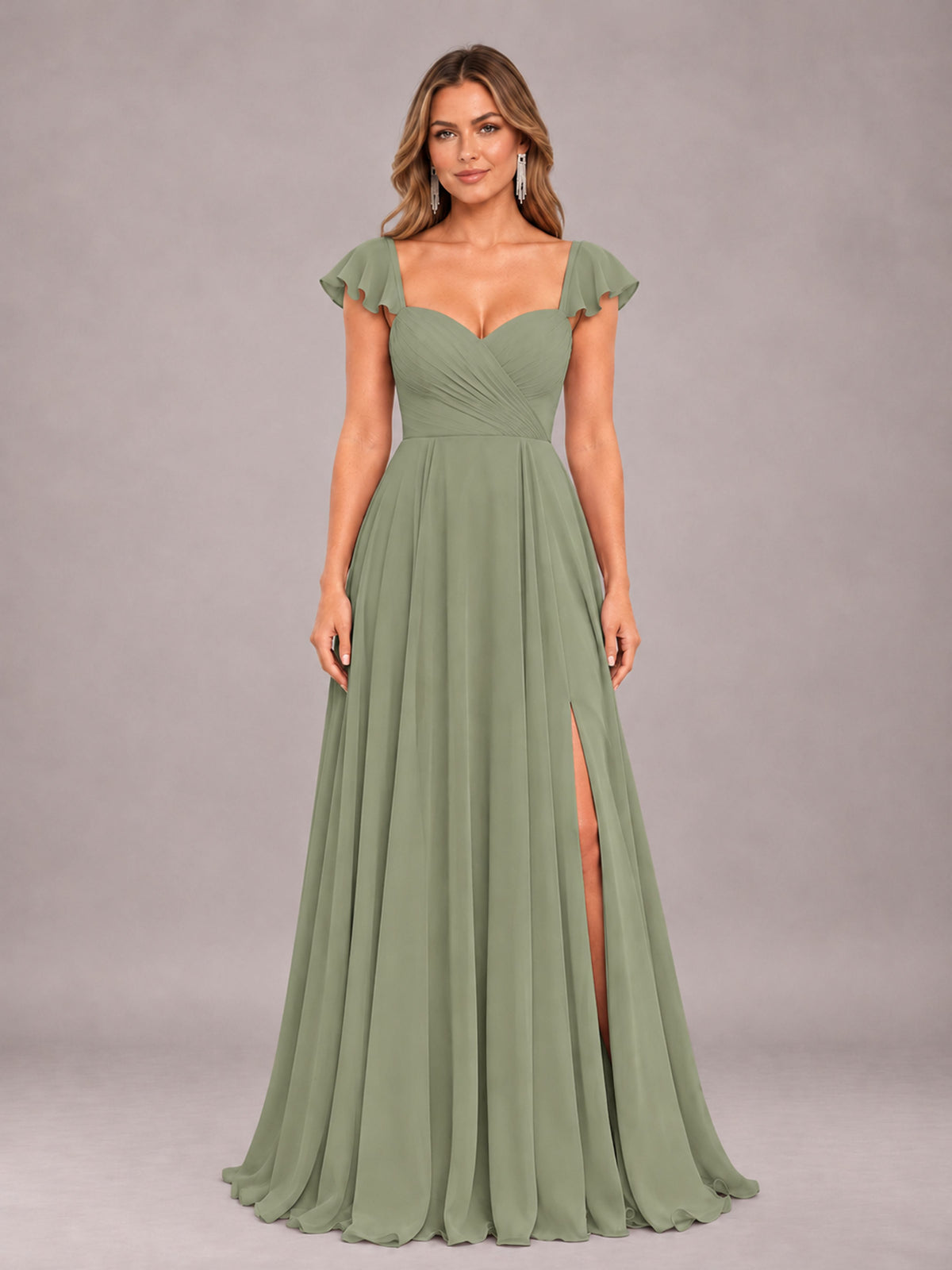 Olive Green Classy Sweetheart Pleated Chiffon Bridesmaid Dress With Pockets