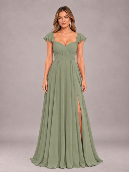 Olive Green Classy Sweetheart Pleated Chiffon Bridesmaid Dress With Pockets