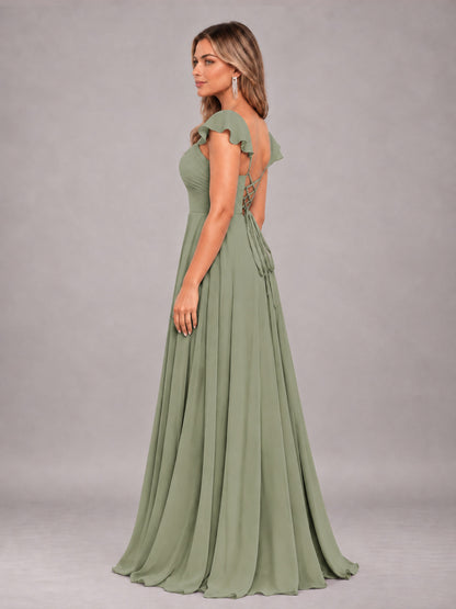 Olive Green Classy Sweetheart Pleated Chiffon Bridesmaid Dress With Pockets