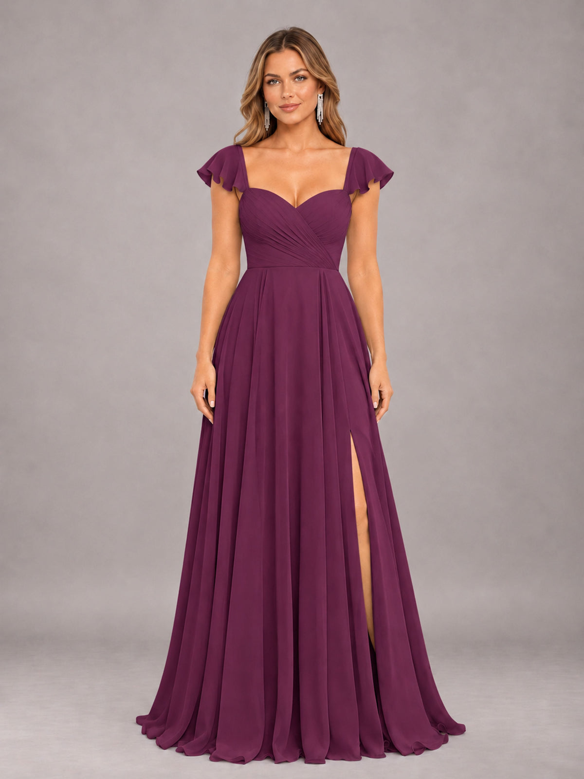 Plum Classy Sweetheart Pleated Chiffon Bridesmaid Dress With Pockets