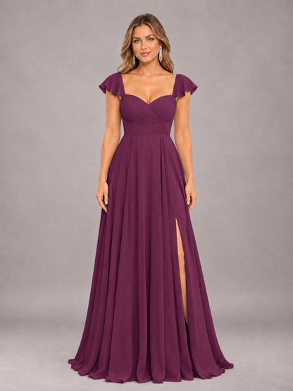 Plum Classy Sweetheart Pleated Chiffon Bridesmaid Dress With Pockets