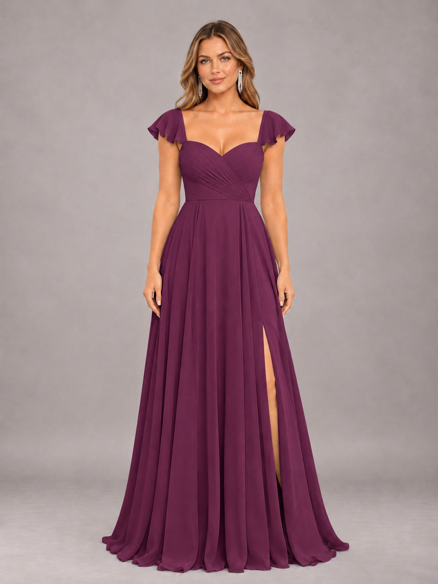 Plum Classy Sweetheart Pleated Chiffon Bridesmaid Dress With Pockets