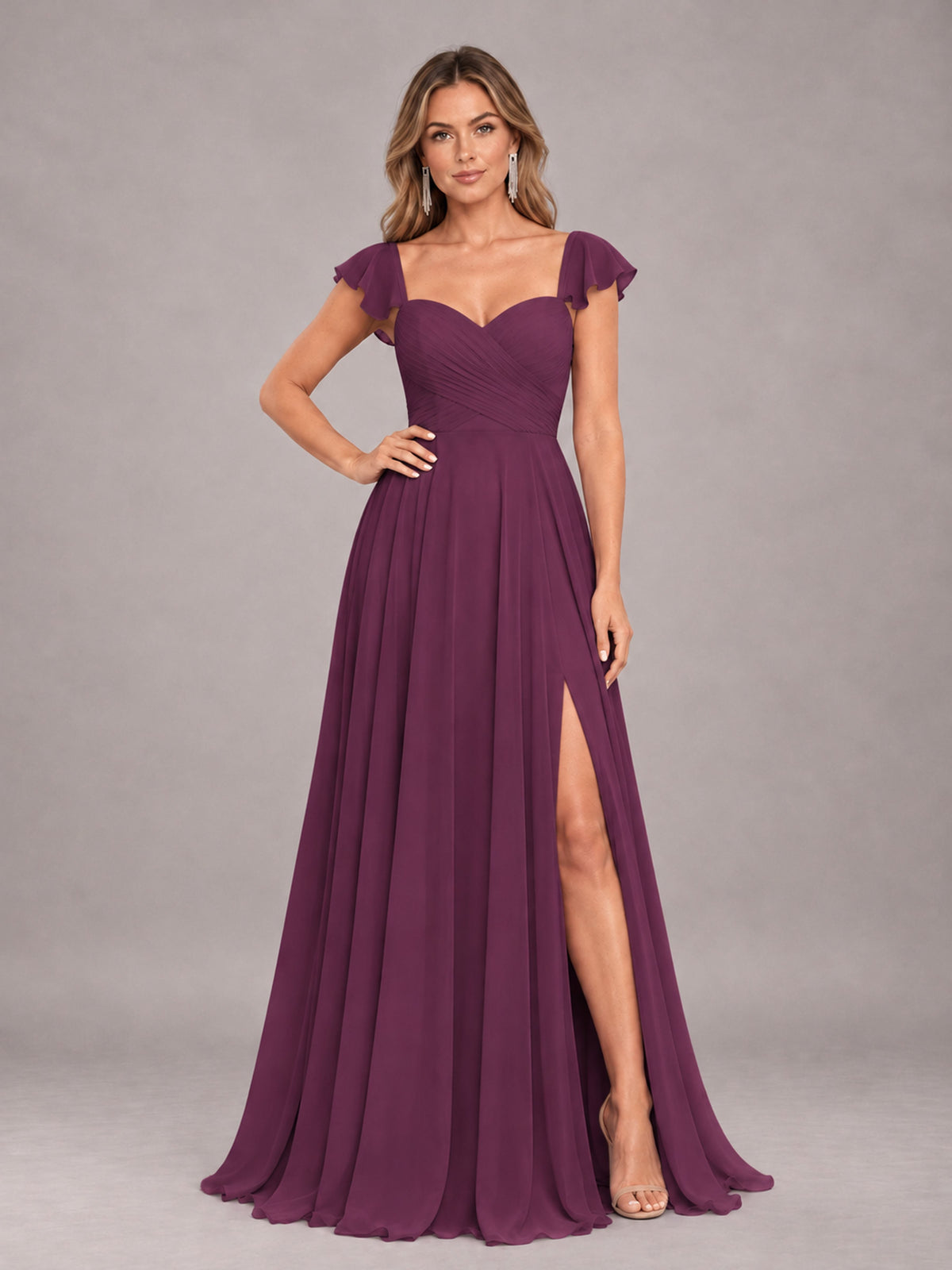 Plum Classy Sweetheart Pleated Chiffon Bridesmaid Dress With Pockets