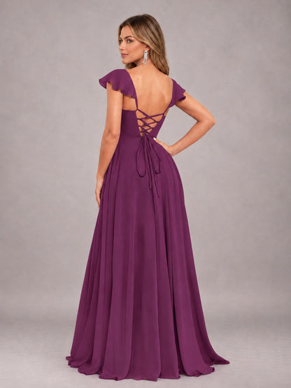Plum Classy Sweetheart Pleated Chiffon Bridesmaid Dress With Pockets
