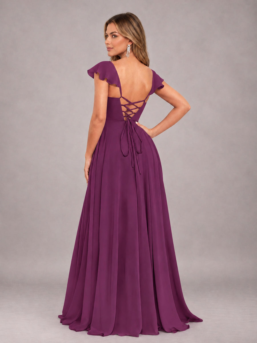 Plum Classy Sweetheart Pleated Chiffon Bridesmaid Dress With Pockets