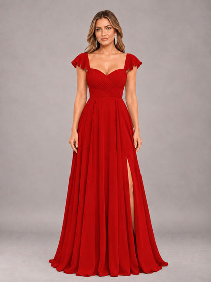Red Classy Sweetheart Pleated Chiffon Bridesmaid Dress With Pockets