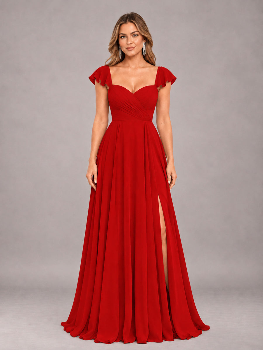 Red Classy Sweetheart Pleated Chiffon Bridesmaid Dress With Pockets