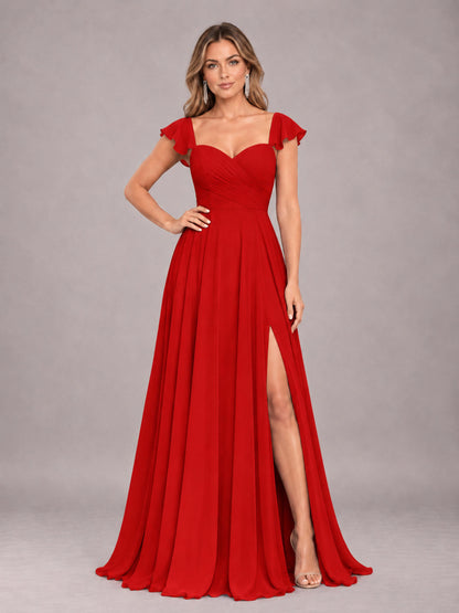 Red Classy Sweetheart Pleated Chiffon Bridesmaid Dress With Pockets