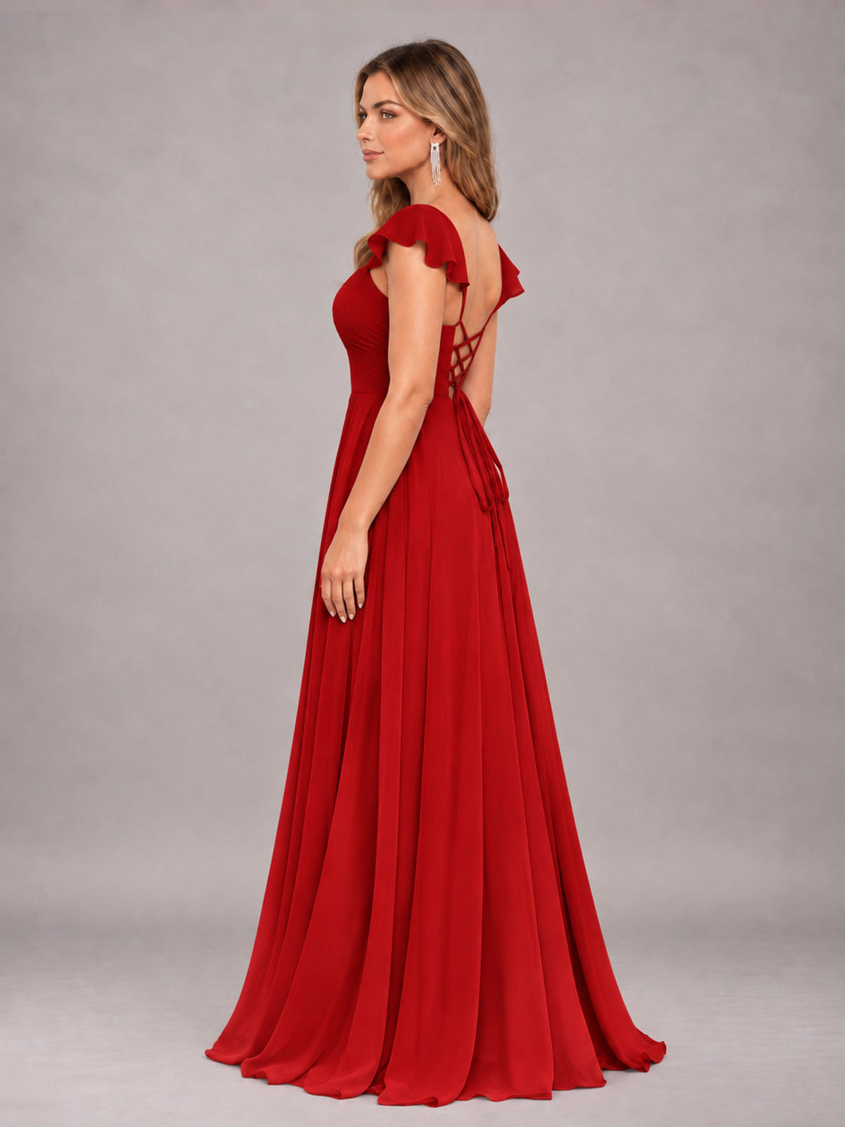 Red Classy Sweetheart Pleated Chiffon Bridesmaid Dress With Pockets